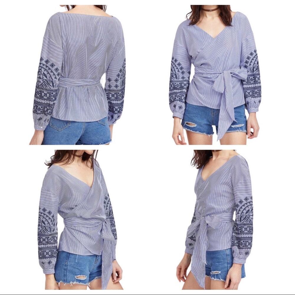 Zara Blue White Stripe Wrap Top Embroidered Sleeves Tie Waist Small